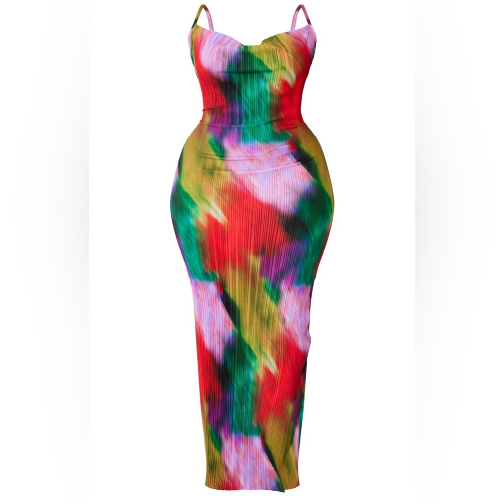 Multicolored Printed Cowl Neck Maxi Dress